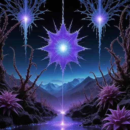 Prompt: Electrochemical dew drops
Black light Ultraviolet 
High voltage Tesla coil lightning storm 
Ferrofluid Moonbeams
Fluorescent Mandelbrot
Star light sapphire nebula 
Plant tendril’s 
Lake ice 
Chiaroscuro 
Sacred geometry 
Translucent Grapevines