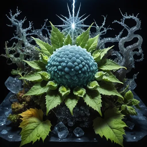 Prompt: Phi
Chiaroscuro 
Mercury pool background 
Minerals
Ice crystals
lightning
Taxonomy
Taxidermy 
Organ
Frost
Iridescent Romanesco 
Black light fluorescent Tentacles
Prussian
Ochre
Electrical Storm
High gloss
Translucent plant cells
Morning dew drops
Sacred geometry 
Mandlebrot sets
Ivy
Electrochemical violent reactions