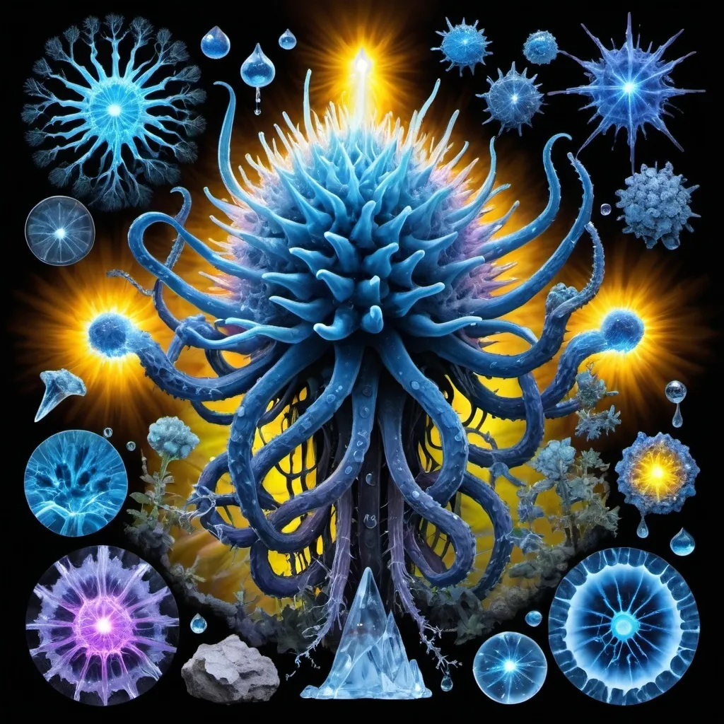 Prompt: Phi, Chiaroscuro, x-rays, Mercury pool background, Minerals glowing, Ice crystals, high voltage lightning, Taxidermy, Organ, Frost, Iridescent streams, Romanesco, Black light, fluorescent electric rainbow, Tentacles, Prussian blue, Ochre, Electrical Storm, High gloss, Translucent plant cells, Sunshine dew drops, Sacred geometry, violent chemical reactions