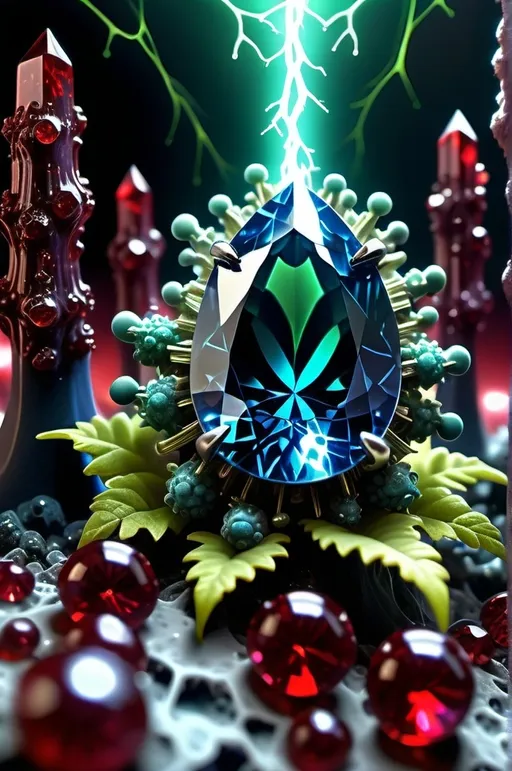 Prompt: High gloss, Prussian blue gemstones throughout foreground, deep blood red crystals, multiple high voltage Tesla coils across the background, chiaroscuro, high contrast ghost figures, fractal, romanesco, Phi ratio,  
Golden mean, lichen, forest green moss, glistening translucent berries, sunshine dew drops. 