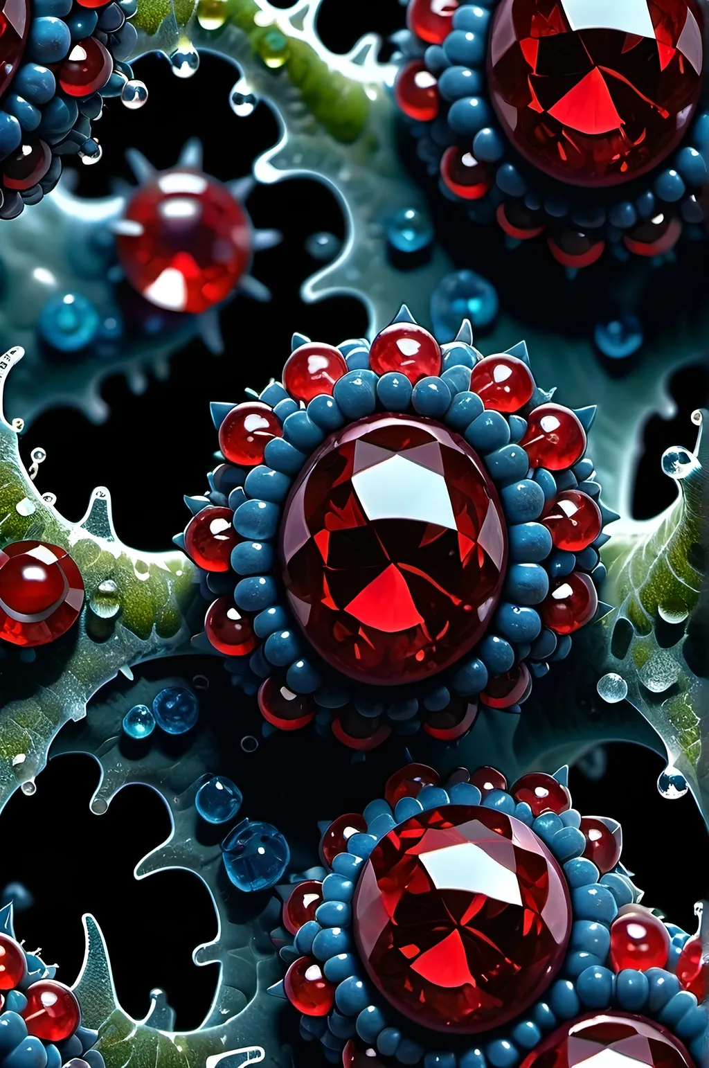 Prompt: High gloss, Prussian blue gemstones throughout foreground, deep blood red crystals, multiple high voltage lightning coils across the background, chiaroscuro, high contrast lighting, fractal, romanesco, Phi ratio,  
Golden mean, lichen, forest green moss, glistening translucent berries, sunshine dew drops. 