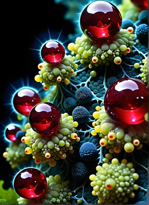 Prompt: High gloss, Prussian blue fractals throughout foreground, deep blood red crystals, high voltage lightning orbs across the background, chiaroscuro, high contrast lighting, fractal, romanesco, Phi ratio, fluorescent lime caviar,
Golden mean, lichen, forest green moss, assorted sizes of translucent berries, very large sunshine dew drops. 