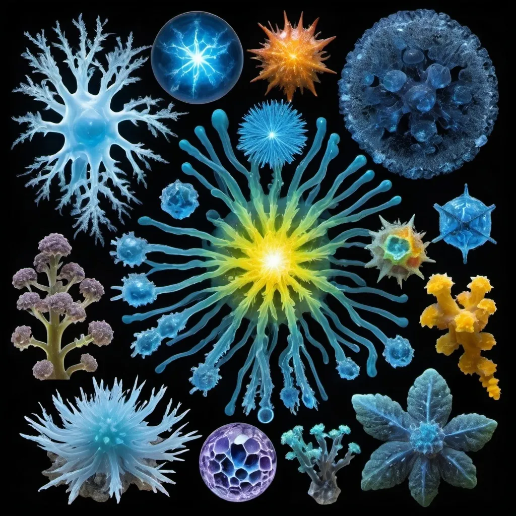 Prompt: Phi, Chiaroscuro, x-rays, Mercury pool background, Minerals glowing, Ice crystals, cilia, high voltage lightning, Taxidermy, Organ, Frost, Iridescent streams, Romanesco, Black light, fluorescent electric rainbow, Tentacles, Prussian blue, Ochre, Electrical Storm, High gloss, Translucent plant cells, Sunshine dew drops, Sacred geometry, violent chemical reactions