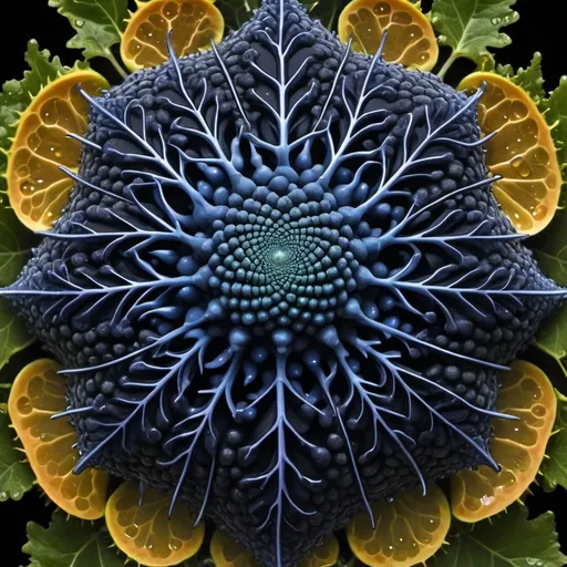 Prompt: Phi
Chiaroscuro 
Ferrofluid
Mercury
Minerals
crystals
lightning
Romanesco 
Vines
Tendrils
Squash
Prussian blue
Leafy greens
Electrical Storm
High gloss blood spatter
Translucent melons or berries
Deep ochre 
Shrubbery
Morning dew drops
Sacred geometry 
Mandlebrot sets
Ivy
Electrochemical violent reactions