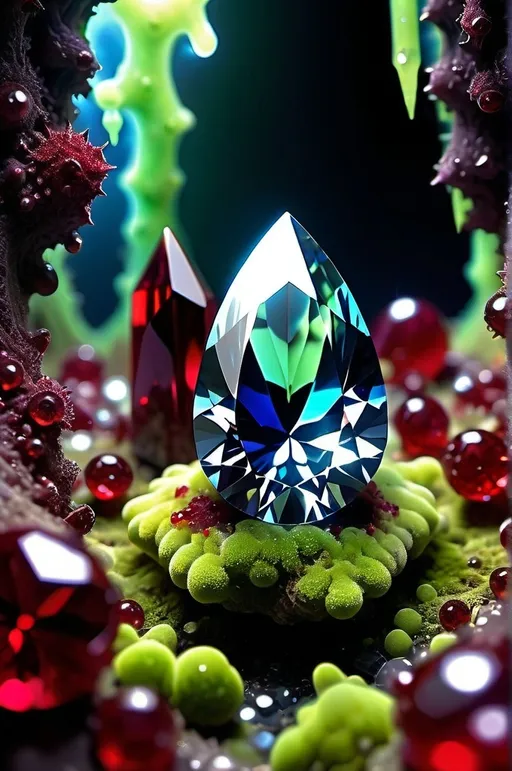 Prompt: High gloss, Prussian blue gemstones throughout foreground, deep blood red crystals, multiple high voltage Tesla coils across the background, chiaroscuro, high contrast ghost figures, fractal, romanesco, Phi ratio,  
Golden mean, lichen, forest green moss, glistening translucent berries, sunshine dew drops. 