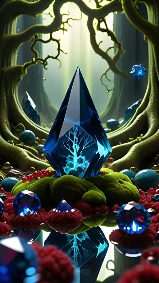 Prompt: High gloss, Prussian blue gemstones throughout foreground, deep blood red crystals, multiple high voltage Tesla coils across the background, chiaroscuro, high contrast ghost figures, fractal, romanesco, Phi ratio,  
Golden mean, lichen, forest green moss, glistening translucent berries, sunshine dew drops. 