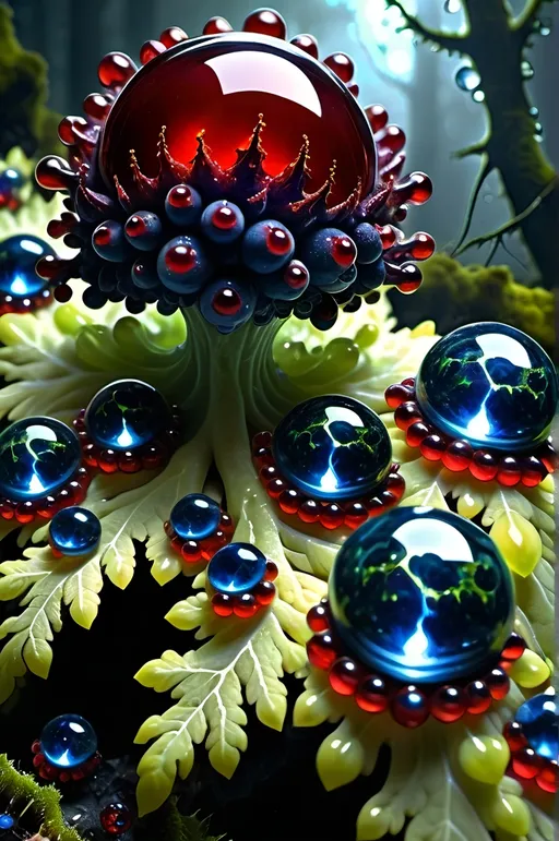 Prompt: High gloss, Prussian blue gemstones throughout foreground, deep blood red crystals, multiple high voltage lightning orbs across the background, chiaroscuro, high contrast lighting, fractal, romanesco, Phi ratio, fluorescent lime caviar,
Golden mean, lichen, forest green moss, glistening translucent berries, sunshine dew drops. 