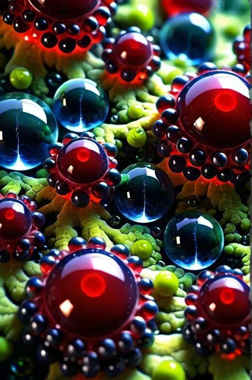 Prompt: High gloss, Prussian blue fractals throughout foreground, deep blood red crystals, high voltage lightning orbs across the background, chiaroscuro, high contrast lighting, fractal, romanesco, Phi ratio, fluorescent lime caviar,
Golden mean, lichen, forest green moss, assorted sizes of translucent berries, very large sunshine dew drops. 