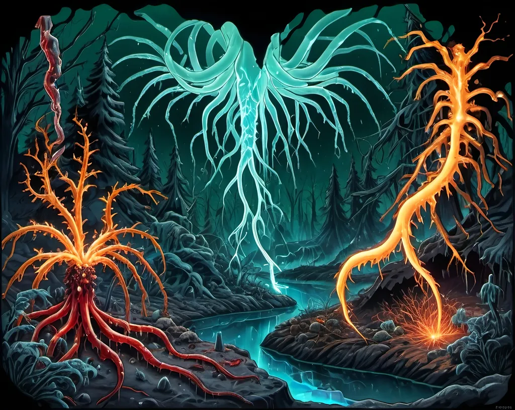 Prompt: Phi ratio, Chiaroscuro, x-rays, Mercury pool background, Minerals glowing, Ice crystals, carnivore bones, high voltage Tesla lightning, Frost, Iridescent streams in background, Black light, fluorescent electric Tentacles, Prussian blue foreground, deep forest green, Ochre and blood background, Electrical Storm, High gloss, Sunshine dew drops, violent chemical reactions