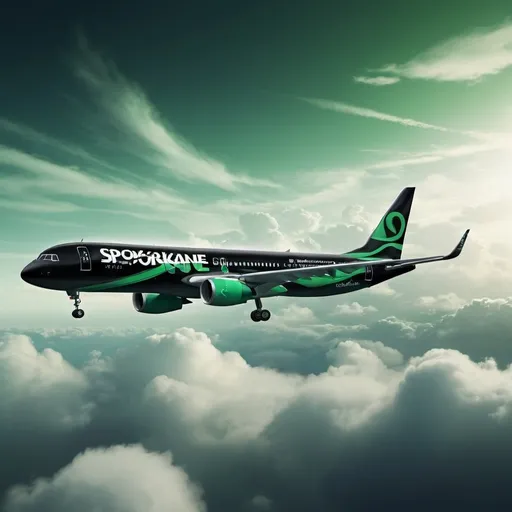 Prompt: Aircraft flying in the sky, black and green livery with 'Spokane Airlines' lettering, high-altitude clouds, professional digital illustration, high quality, detailed, realistic, dramatic lighting, cool tones, futuristic aircraft design