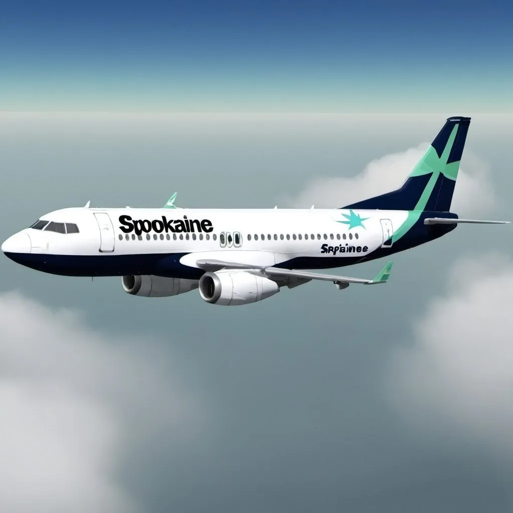 Prompt: Aircraft in the sky with livery from a fictional airline named spokane airlines.  The aircraft should be painted black green lettering