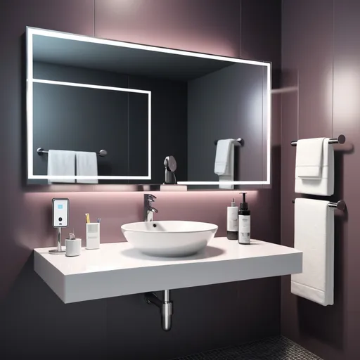 Prompt: a bathroom sink with a mirror and a phone on it's side and a video player on the mirror video art, product photo, a computer rendering

This product offers multiple function 
1. There is also a button to change by selecting a shade from a palette.
for changing colors : the color directly Speaker
2. User can change the color via their phone

The screen can open Youtube and function as a YouTube
display for watching videos, with built- in Bluetooth speaker