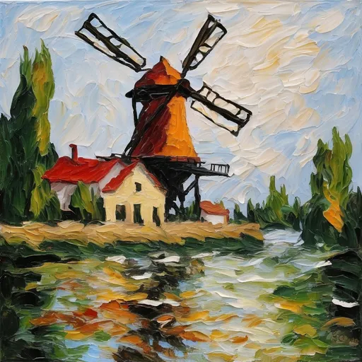 Prompt: Moulin, very thick Impasto, impressionism