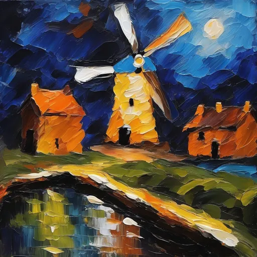 Prompt: Stylized rough moulin by night impressionistic painting with large palette-knife