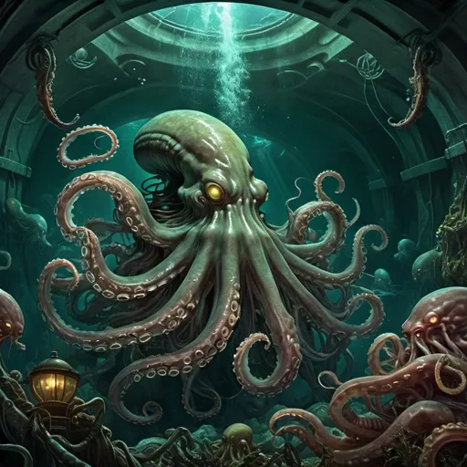 Prompt: Cthulhu attacking Nautilus submarine in deep ocean cave, gloomy lighting, submarine shooting lasers, Cthulhu with army of octopuses, underwater fantasy, detailed tentacles, intense action, high-res, dark fantasy, gloomy lighting, detailed submarine, menacing atmosphere, dramatic lighting, detailed octopus army, fantasy art, deep-sea adventure