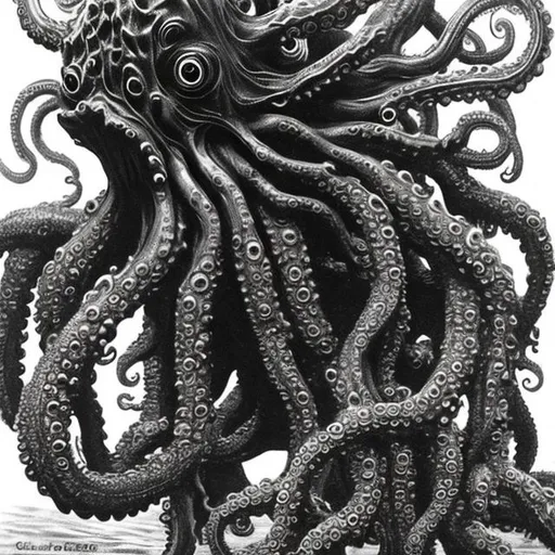 Prompt: The Cthulhu monster was described as an anthropoid, a being with characteristics like humans and other primates, with large claws on its head and feet, wings, and an octopus-like face with numerous rubbery feelers around a mouth. In another part of this seminal story, the head is said to resemble a cuttlefish. Cthulhu's height is said to be "hundreds of meters tall," and the monster is sometimes described as a hybrid of a human, dragon, and octopus. Cthulhu is so grotesque that merely looking at him is said to drive people insane if they don't die first. Like all Great Old Ones, Cthulhu communicates telepathically even through his own dreaming slumber.