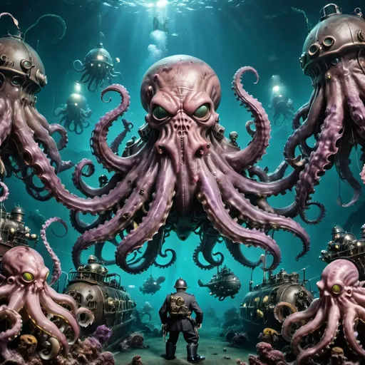 Prompt: CTHULHU with a huge huge ARMY OF OCTOPUSES behind are ATTACKING a steampunk, SUBMARINE. The submarine is attacking cthulhu witch deep purple lacers, 
The fight is taking place inside enormous deep beneath the ocean with GLOOMY LIGH, 
Humans in steampunk diving suits are fighting the octopus army and the octopuses army are attacking the men in the divingsuits,
Deep sea creatures, Deep sea corals, Enormus, huge, battle scenario, H.R. Giger, steampunk,