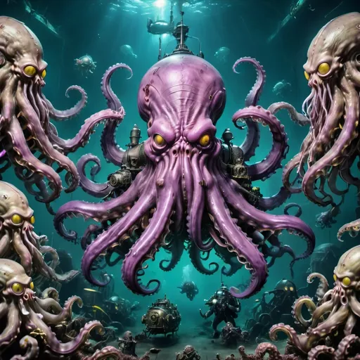 Prompt: CTHULHU with a huge huge ARMY OF OCTOPUSES behind are ATTACKING a steampunk, SUBMARINE. The submarine is attacking cthulhu witch bright purple laces, 
The fight is taking place inside enormous deep beneath the ocean with GLOOMY LIGH, 
Humans in steampunk diving suits are fighting the octopus army and the octopuses army are attacking the men in the divingsuits,
Deep sea creatures, Deep sea corals, Enormus, huge, battle scenario, H.R. Giger,