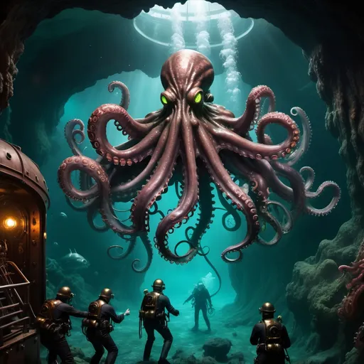 Prompt: CTHULHU with a huge ARMY OF OCTOPUSES IS ATTACKING THE steampunk SUBMARINE witch is shooting with laces. INSIDE A huge and DEEP OCEAN CAVE IN A GLOOMY LIGHT. humans in steampunk diving suits fighting the octopus army