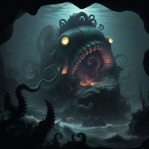 Prompt: Cthulhu attacking Nautilus submarine in deep ocean cave, gloomy lighting, submarine shooting lasers, army of octopuses, underwater fantasy, detailed tentacles, intense action, high-res, dark fantasy, gloomy lighting, detailed submarine, menacing atmosphere, dramatic lighting, detailed octopus army, fantasy art, deep-sea adventure