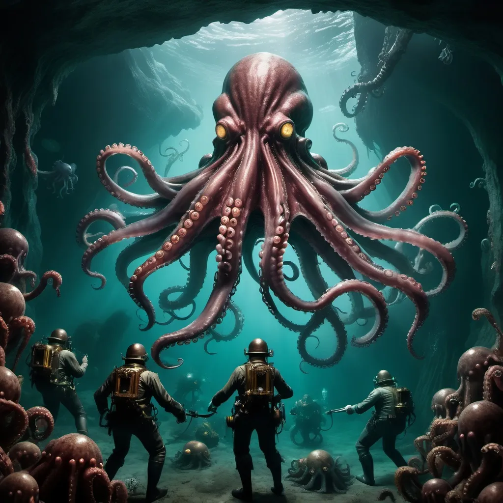 Prompt: CTHULHU with a huge ARMY OF OCTOPUSES IS ATTACKING THE steampunk SUBMARINE witch is shooting with laces. INSIDE A huge and DEEP OCEAN CAVE IN A GLOOMY LIGHT. humans in steampunk diving suits fighting the octopus army