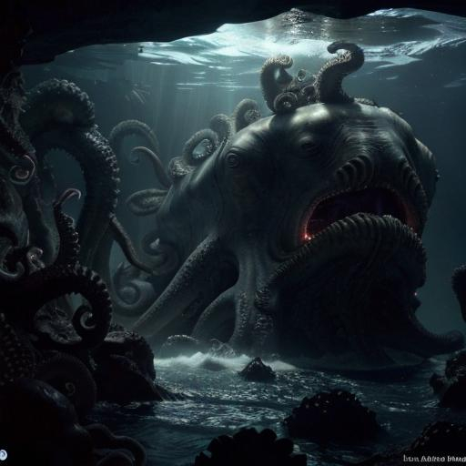 Prompt: Cthulhu attacking Nautilus submarine in deep ocean cave, gloomy lighting, submarine shooting lasers, Cthulhu with army of octopuses, underwater fantasy, detailed tentacles, intense action, high-res, dark fantasy, gloomy lighting, detailed submarine, menacing atmosphere, dramatic lighting, detailed octopus army, fantasy art, deep-sea adventure