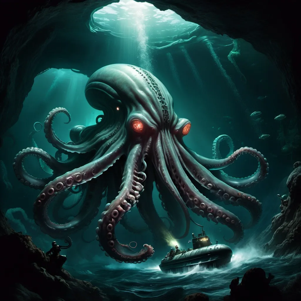 Prompt: Cthulhu attacking Nautilus submarine in deep ocean cave, gloomy lighting, submarine shooting lasers, army of millions of octopus, army, underwater fantasy, detailed tentacles, intense action, high-res, dark fantasy, gloomy lighting, detailed submarine, menacing atmosphere, dramatic lighting, detailed octopus army, fantasy art, deep-sea adventure