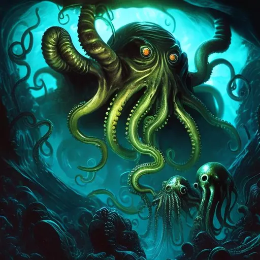 Prompt: Cthulhu attacking Nautilus submarine in deep ocean cave, gloomy lighting, submarine shooting lasers, millions of octopus, underwater fantasy, detailed tentacles, intense action, high-res, dark fantasy, gloomy lighting, detailed submarine, menacing atmosphere, dramatic lighting, detailed octopus army, fantasy art, deep-sea adventure