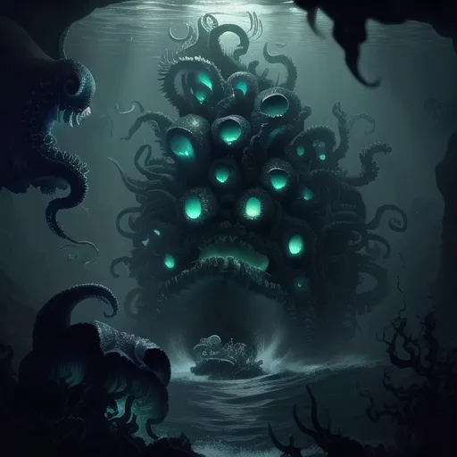 Prompt: Cthulhu attacking Nautilus submarine in deep ocean cave, gloomy lighting, submarine shooting lasers, army of octopuses, underwater fantasy, detailed tentacles, intense action, high-res, dark fantasy, gloomy lighting, detailed submarine, menacing atmosphere, dramatic lighting, detailed octopus army, fantasy art, deep-sea adventure