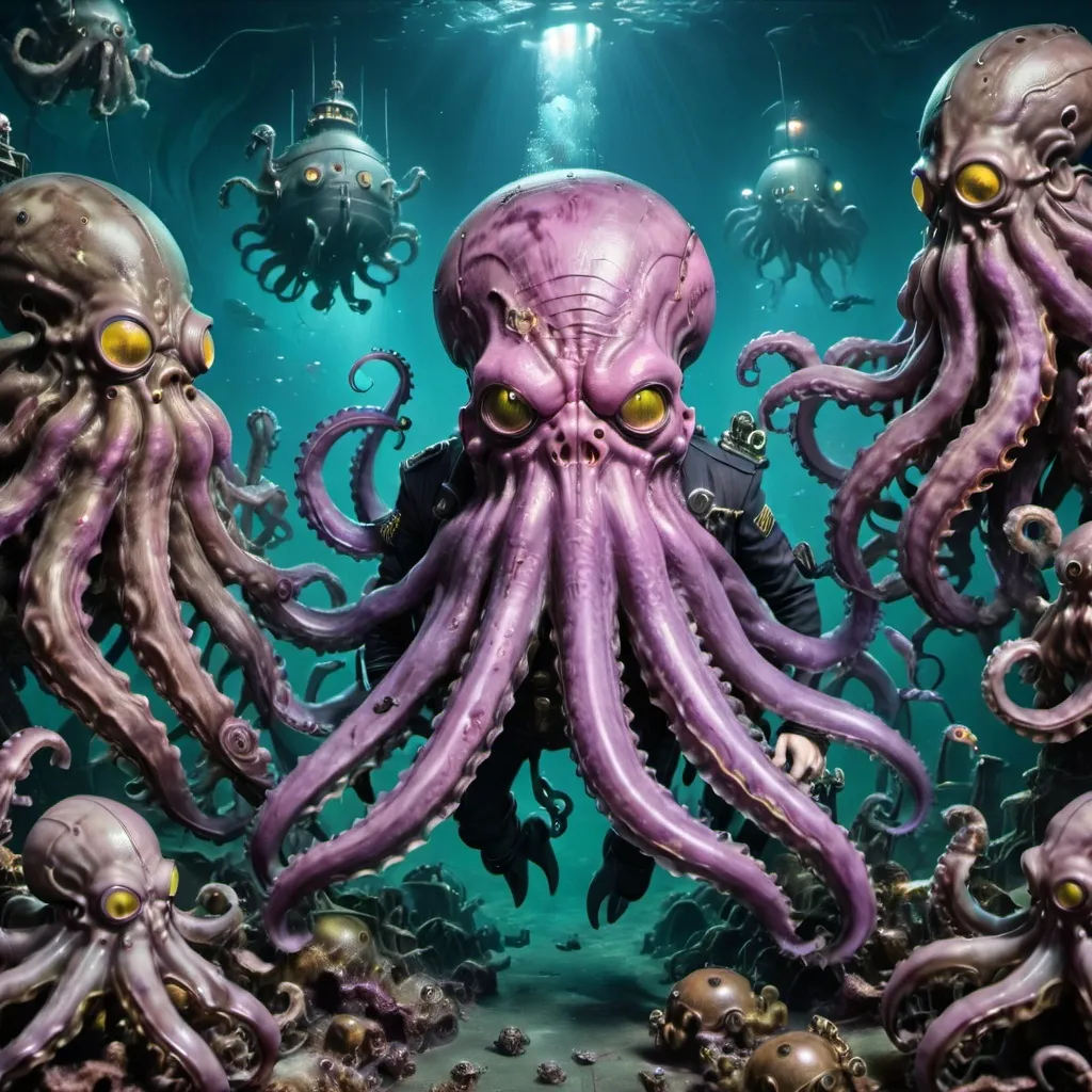 Prompt: CTHULHU with a huge huge ARMY OF OCTOPUSES behind are ATTACKING a steampunk, SUBMARINE. The submarine is attacking cthulhu witch bright purple laces, 
The fight is taking place inside enormous deep beneath the ocean with GLOOMY LIGH, 
Humans in steampunk diving suits are fighting the octopus army and the octopuses army are attacking the men in the divingsuits,
Deep sea creatures, Deep sea corals, Enormus, huge, battle scenario, H.R. Giger,