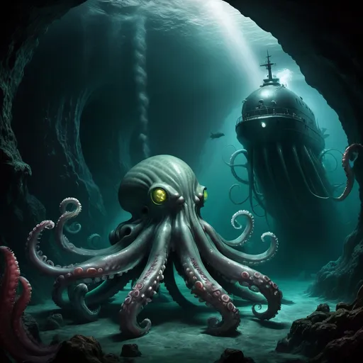 Prompt: Cthulhu attacking Nautilus submarine in deep ocean cave, gloomy lighting, submarine shooting lasers, army of millions of octopus, army, underwater fantasy, detailed tentacles, intense action, high-res, dark fantasy, gloomy lighting, detailed submarine, menacing atmosphere, dramatic lighting, detailed octopus army, fantasy art, deep-sea adventure