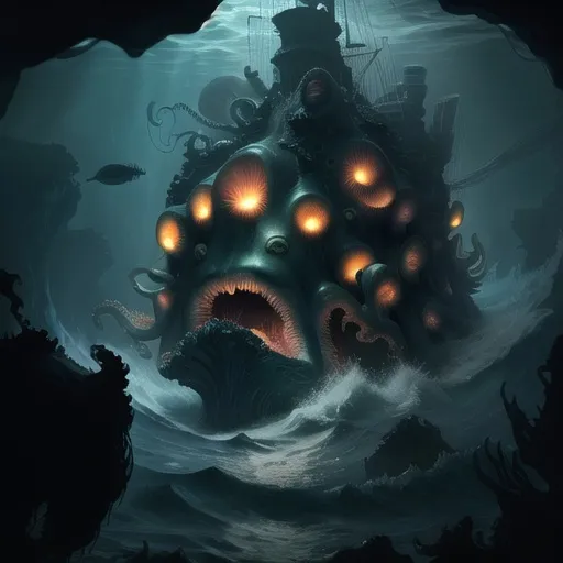 Prompt: Cthulhu attacking Nautilus submarine in deep ocean cave, gloomy lighting, submarine shooting lasers, millions of octopus, underwater fantasy, detailed tentacles, intense action, high-res, dark fantasy, gloomy lighting, detailed submarine, menacing atmosphere, dramatic lighting, detailed octopus army, fantasy art, deep-sea adventure