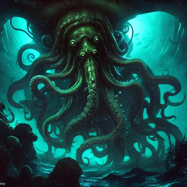 Prompt: Cthulhu attacking Nautilus submarine in deep ocean cave, gloomy lighting, submarine shooting lasers, millions of octopus, underwater fantasy, detailed tentacles, intense action, high-res, dark fantasy, gloomy lighting, detailed submarine, menacing atmosphere, dramatic lighting, detailed octopus army, fantasy art, deep-sea adventure