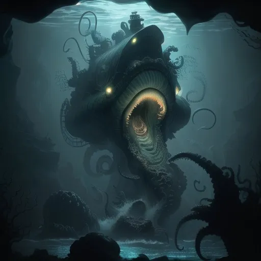 Prompt: Cthulhu attacking Nautilus submarine in deep ocean cave, gloomy lighting, submarine shooting lasers, millions of octopus, underwater fantasy, detailed tentacles, intense action, high-res, dark fantasy, gloomy lighting, detailed submarine, menacing atmosphere, dramatic lighting, detailed octopus army, fantasy art, deep-sea adventure