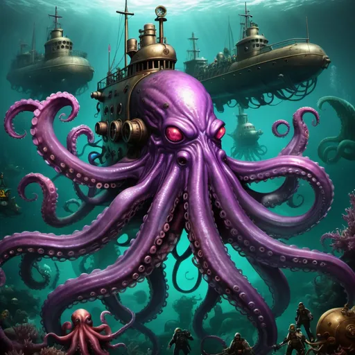 Prompt: CTHULHU with a huge ARMY OF OCTOPUSES behind it are ATTACKING a steampunk SUBMARINE. The submarine is attacking cthulhu witch bright purple laces. The fight is taking place inside enormous deep beneath the ocean with GLOOMY LIGH. Humans in steampunk diving suits fighting the octopus army and the octopuses are attacking the men in the divingsuits, Deep sea creatures, Deep sea corals, Enormus; huge, battelcherarium, battle scenario.  
