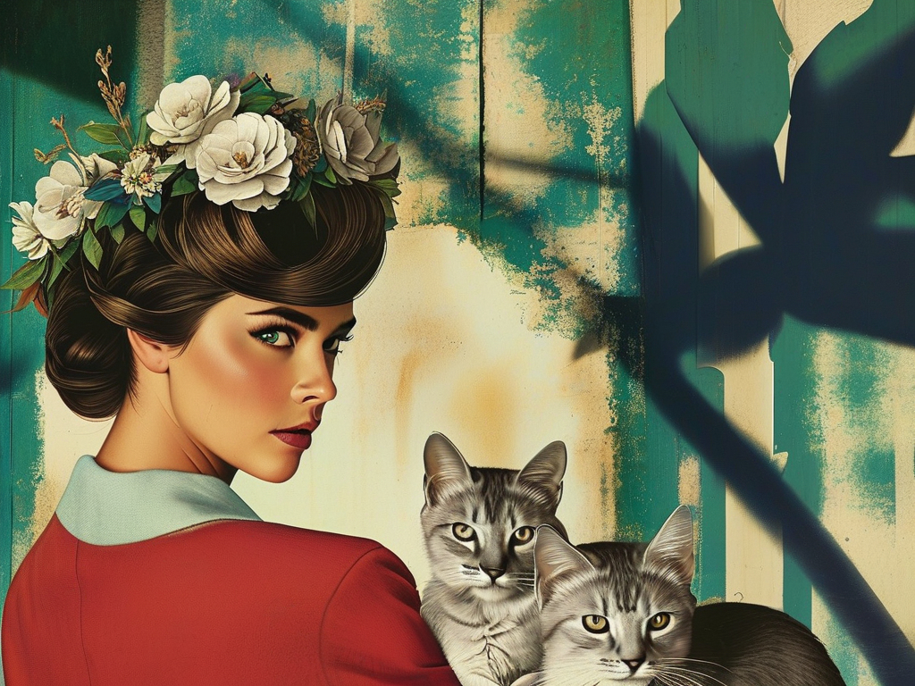 Prompt: Retro style poster: Portrait of a beautiful styled woman, with brown updo hair on top of her head, and a bunch of large flowers as a tiara over her forehead. She lovingly holds her two grey-striped cats in her arms. Both the woman and her cats are looking straight ahead into the camera, with focused gaze. Behind them an old unevenly green- blue painted wall, the woman's shadow falls on the wall right behind.