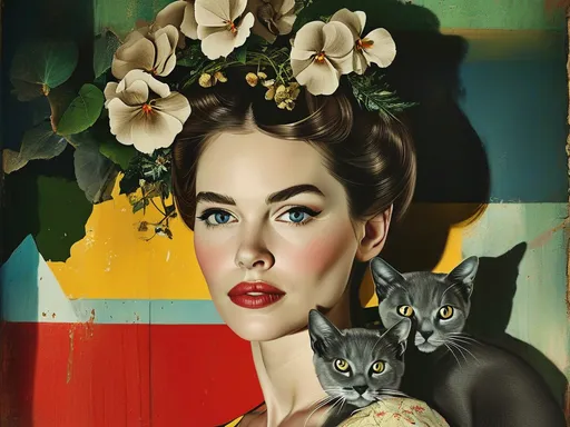 Prompt: Retro style poster: Portrait of a beautiful styled woman, with brown updo hair on top of her head, and a bunch of large flowers as a tiara over her forehead. She lovingly holds her two grey-striped cats in her arms. Both the woman and her cats are looking straight ahead into the camera, with focused gaze. Behind them an old unevenly green- blue painted wall, the woman's shadow falls on the wall right behind.