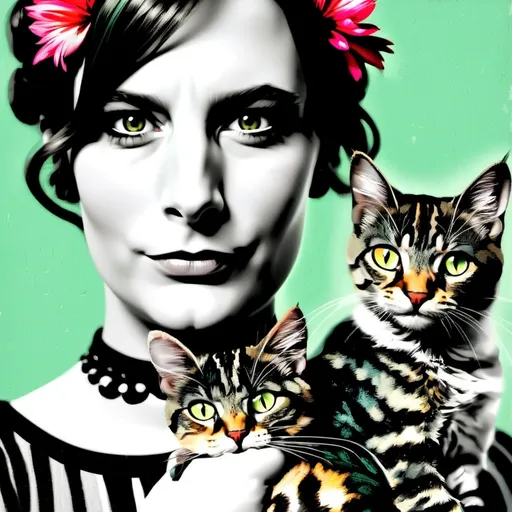 Prompt: Retro style poster, portrait of this beautiful woman, with brown updo hair on top of her head, and a bunch of large colorful flowers over her forehead. She lovingly holds her two striped tabby cats in her arms. Both the woman and her cats are looking straight ahead into the camera, with focused gaze. Behind them an old unevenly green- blue painted wall, the woman's shadow falls on the wall right behind.