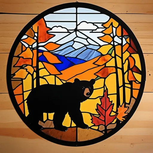 Prompt: Make a stained glass stencil. Fall colors. Tennessee. 3 black bears. Mountain ranges. 