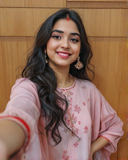 Prompt: Radiating a youthful charm, a girl poses for a selfie against a backdrop of smooth wooden panels. Her dark, wavy hair cascades over her shoulder, framing her softly lit face, which features delicate makeup that enhances her natural beauty. Dressed in a light pink kurta adorned with intricate embroidery and tiny floral designs, she exudes an air of grace. Elegant earrings dangle from her ears, and a red bindi subtly decorates her forehead, adding cultural flair. With one hand resting gently on her waist and a confident smile, the image captures a moment of self-assured elegance and youthful vibrance.