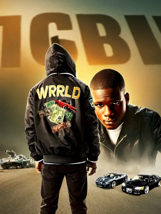 Prompt: Create cool image of man hold guns, money and drugs , putting on cool clothes, with the name Tucci Wrld on his jacket and spot car with a cute girl inside the car