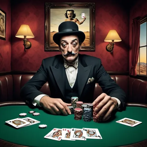 Prompt: An advertisement for a poker night in a bar. In the style of a Salvador Dali painting
