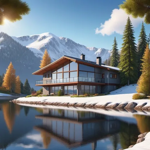 Prompt: A modern west coast house in the mountains next to a lake, the roof of the house is pointed, bright sun, blue sky, detailed mountains with snow on the top in the background, lots of trees, Photorealism, 32k, –ar 16:9 –quality 5