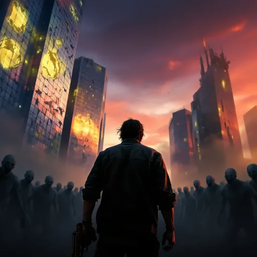 Prompt: Amidst a desolate, post-apocalyptic cityscape, a lone figure stands defiant, gripping a weathered gun. The crumbling skyscrapers loom overhead, their shattered windows reflecting the twilight sky, streaked with vivid shades of orange and purple. A horde of zombies, their decayed features contorted in hunger, shuffles toward him from the shadows, creating an overwhelming sense of dread. Dust swirls in the air, illuminated by the dying light, enhancing the tension of the scene. The man's expression is a mix of determination and fear as he braces for the impending chaos, ready to take on the oncoming tide. Rendered in intense, cinematic lighting with a gritty, realistic style, this image captures the essence of desperation and survival against insurmountable odds.