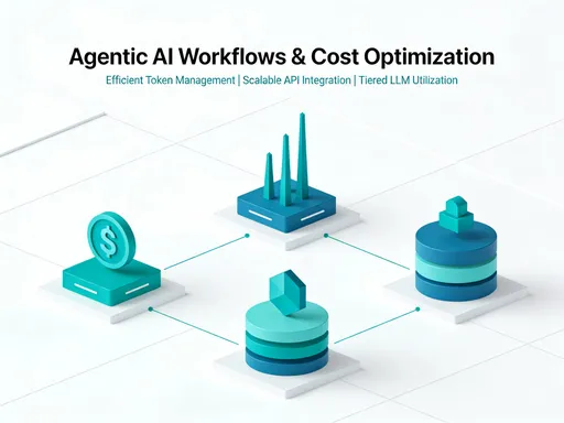 Prompt: Abstract illustration of Agentic AI workflows and cost optimisation, teal and petrol blue tones with white negative space, geometric shapes representing tokens, API call spikes and LLM model tiers, modern corporate design, crisp lines, high contrast, visually elegant and suitable for executive LinkedIn content