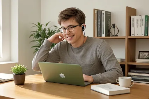 Prompt: Sitting at a wooden desk in a modern, well-organized study, a young man with short brown hair and glasses, dressed in a casual gray long-sleeve shirt, smiles warmly while interacting with his laptop, earbuds in place. The room is softly illuminated, highlighting the neat arrangement of green and brown folders stacked on shelves behind him, with small potted plants adding a touch of greenery. A few books rest open beside him, suggesting a studious environment, while his relaxed posture conveys both focus and enjoyment in the task at hand. The scene radiates a sense of motivation and engagement, capturing a moment of connection in a digital age.