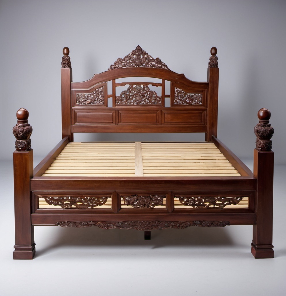 Prompt: a bed frame made of wood with a wooden slatted headboard and foot board and foot board, Ding Yunpeng, art informel, spectacular quality, a stock photo