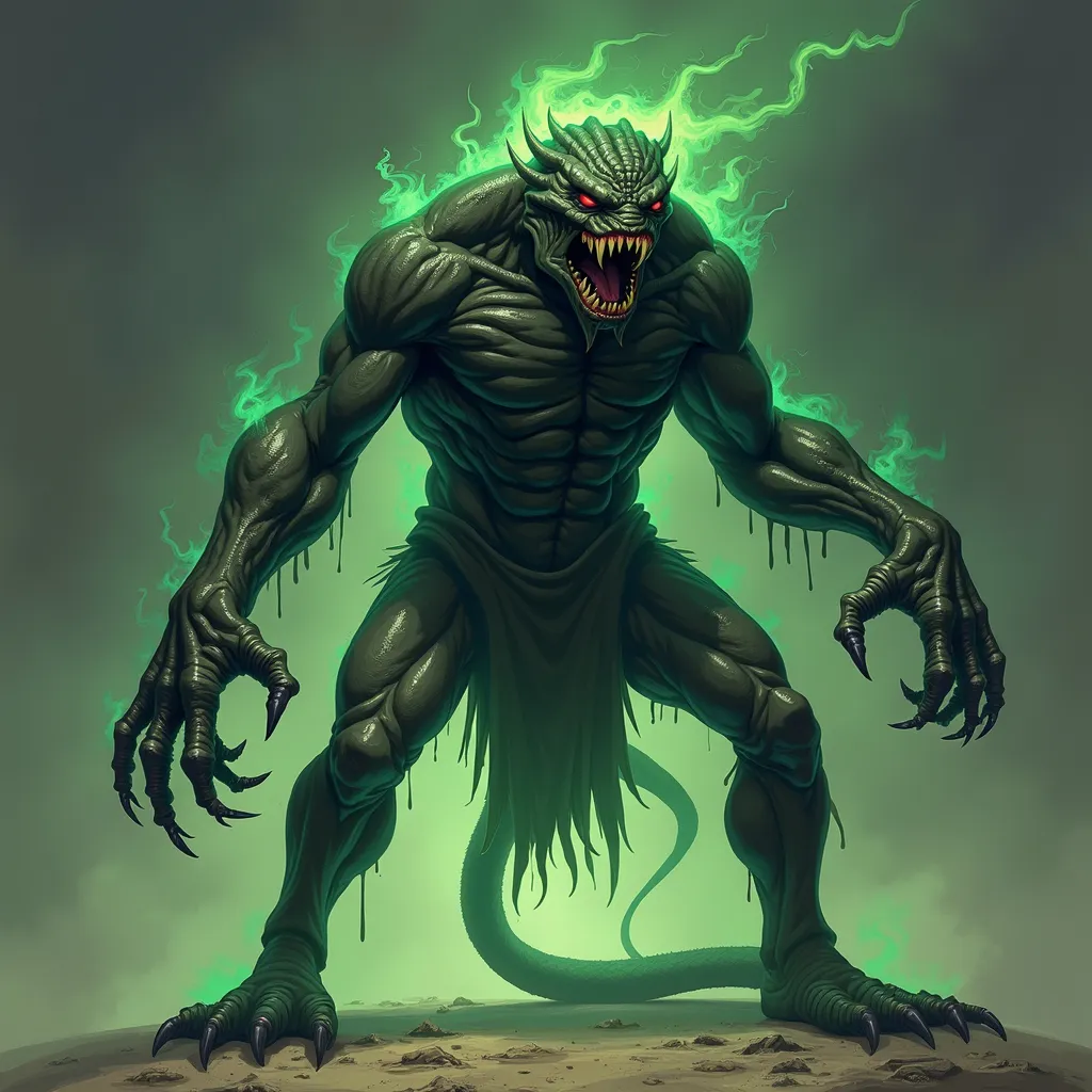Prompt: A full body standing pose illustration of a shadowy humanoid creature with 4 elongated arms with savage claws, 4 glowong eyes, and a  double hinged jaw with fearsome jagged teeth. His lower body is snakelike. His muscular form emits greenish tint that flows like smoke. Lurking, gloomy, horror style