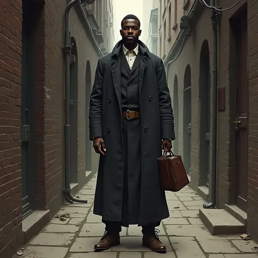 Prompt: A detailed full body illustration in a standing pose of a turn of the century black male priest wearing casual clothes, work boots, and carrying a leather bound Bible. He has a medium build and is standing in a dimly lit brick alley way. Horror style 