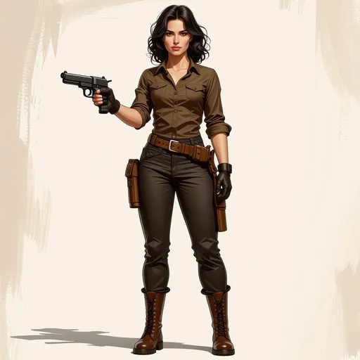 Prompt: A full body character illustration of a turn of the century beautiful dark haired woman with ivory skin and an athletic build, brown buttong shirt with the sleeves rolled up, leather gloves, a leather belt and equipment harness with a shoulder holster, and dark brown cargo pants and brown leather work boots. She has her Colt 1911 handgun in her right hand